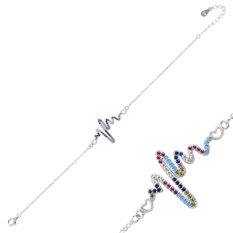 Silverlina%20Gümüş%20Kalp%20Ritmi%20Renkli%20Zirkon%20Taşlı%20Bileklik