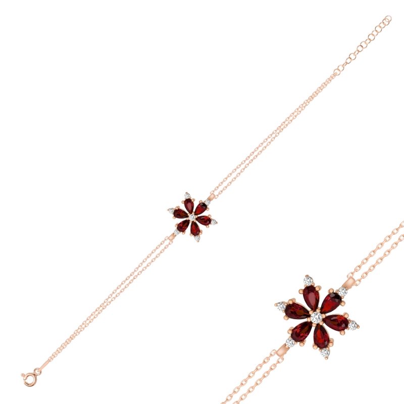 Silverlina%20Gümüş%20Lotus%20Çiçeği%20Garnet%20Zirkon%20Taşlı%20Bileklik-Rose%20kaplama