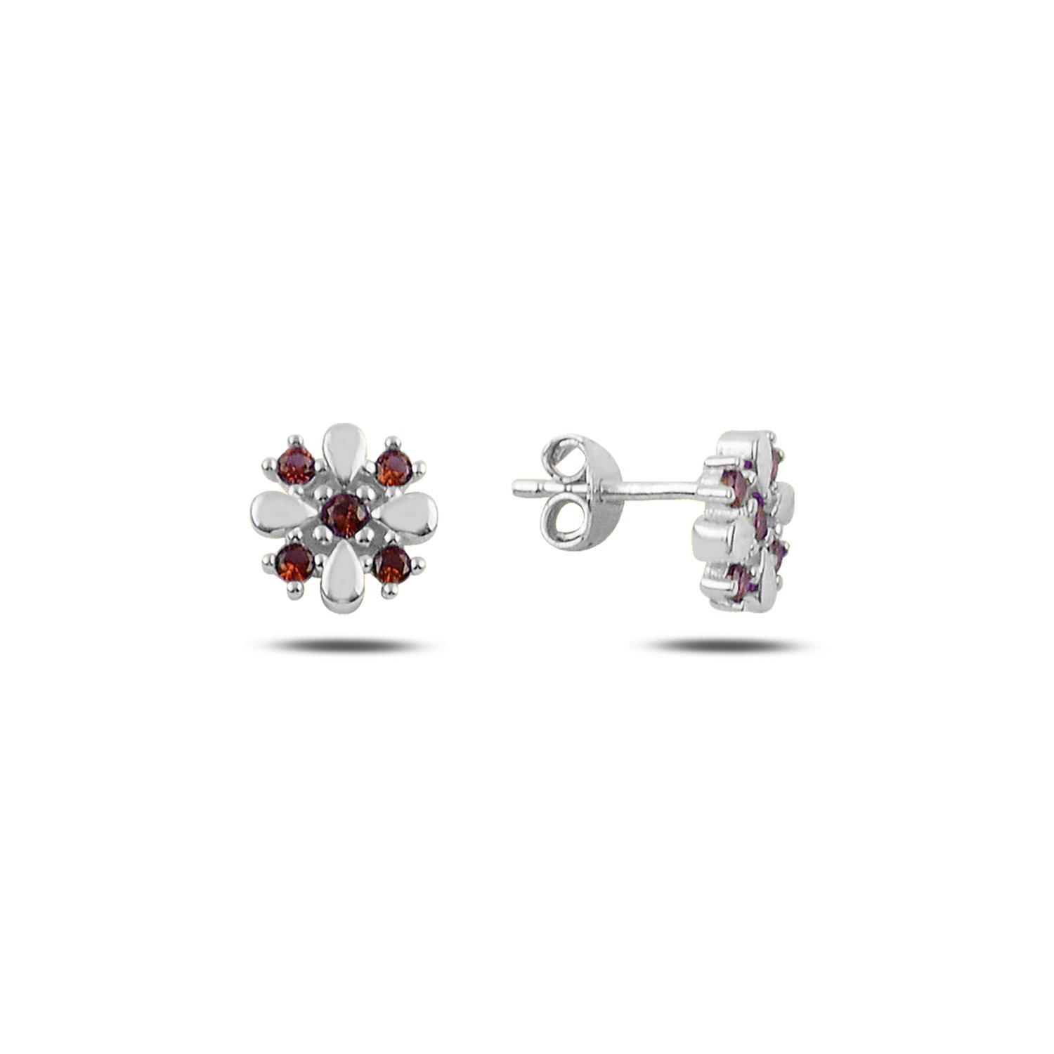 Silverlina%20Gümüş%20Renkli%20Zirkon%20Taşlı%20Çiçek%20Küpe-Garnet%20zirkon%20(kırmızı)