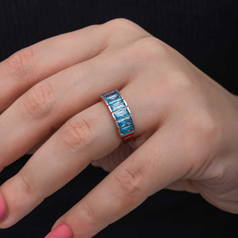 Silverlina%20Gümüş%20Rose%20Baget%20%20Aquamarine%20Taşlı%20Kadın%20Yüzük