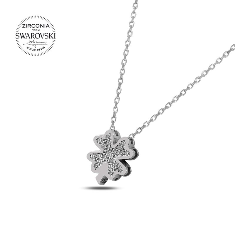 Silverlina%20Gümüş%20Swarovski%20Zirconia%20Taşlı%20Yonca%20Kolye