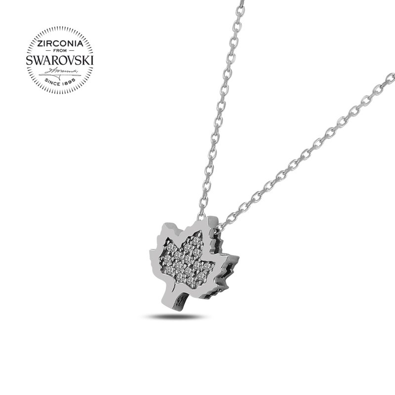 Silverlina%20Gümüş%20Swarovski%20Zirconia%20Taşlı%20Çınar%20Yaprağı%20Kolye