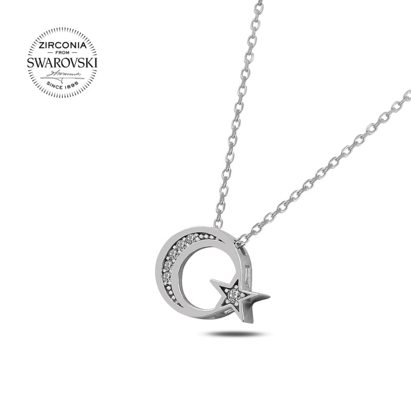 Silverlina%20Gümüş%20Swarovski%20Zirconia%20Taşlı%20Ay%20Yıldız%20Kolye