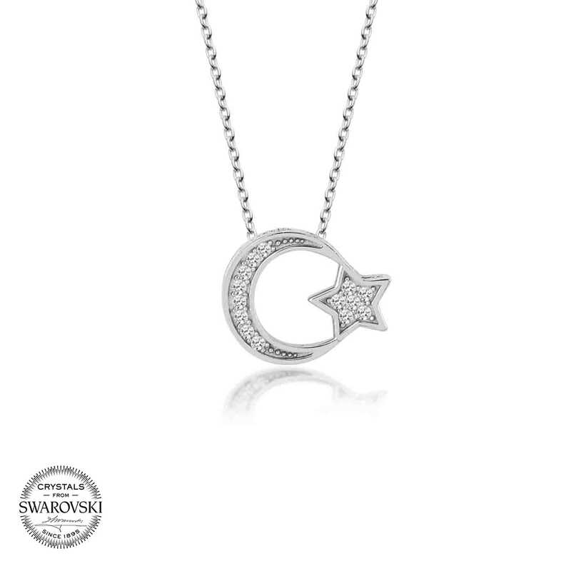 Silverlina%20Swarovski%20Taşlı%20Gümüş%20Ayyıldız%20Bayan%20Kolye