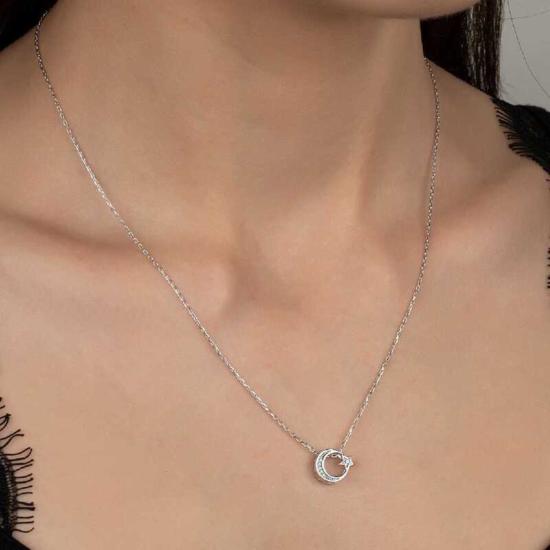 Silverlina%20Swarovski%20Taşlı%20Gümüş%20Ayyıldız%20Bayan%20Kolye