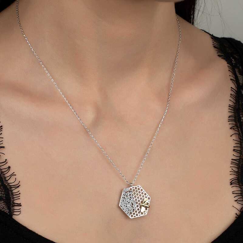 Silverlina%20Swarovski%20Taşlı%20Gümüş%20Arı%20Bayan%20Kolye