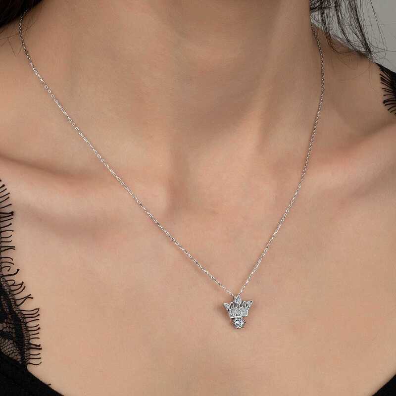 Silverlina%20Swarovski%20Taşlı%20Gümüş%20Kral%20Tacı%20Bayan%20Kolye