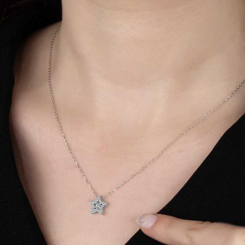 Silverlina%20Swarovski%20Taşlı%20Gümüş%20Yıldız%20Tektaş%20Bayan%20Kolye