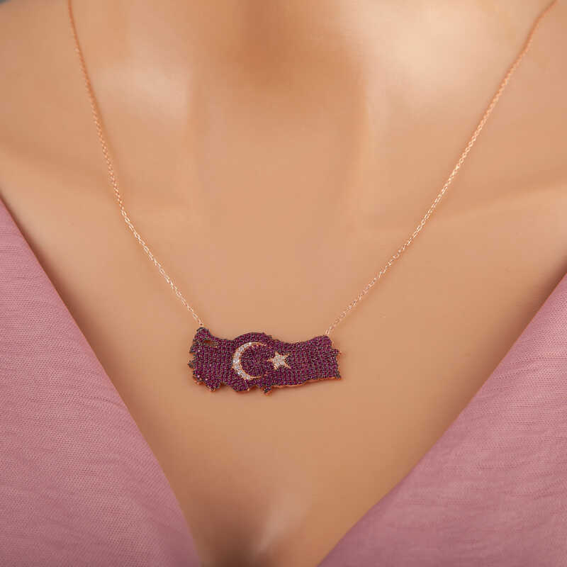 Silverlina%20Gümüş%20Rose%20Ay%20Yıldız%20Türkiye%20Haritası%20Kadın%20Kolye