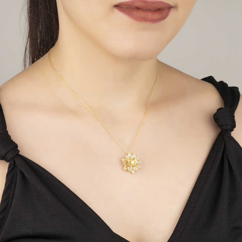 Silverlina%20Gümüş%20Gold%20Beyaz%20Taşlı%20Lotus%20Çiçeği%20Kadın%20Kolye