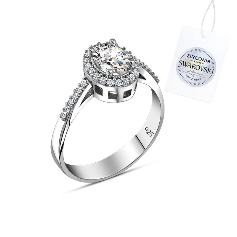 Silverlina%20Gümüş%20Swarovski%20Zirconia%20Taşlı%20Halo%20Oval%20Tektaş%20Yüzük