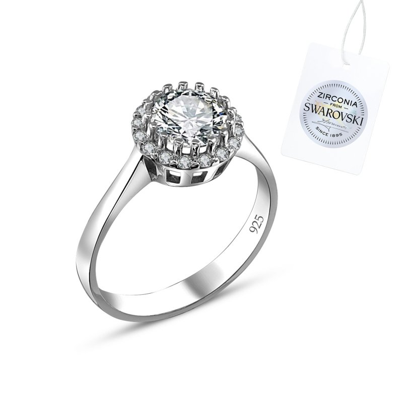 Silverlina%20Gümüş%20Swarovski%20Zirconia%20Taşlı%20Halo%20Tektaş%20Yüzük