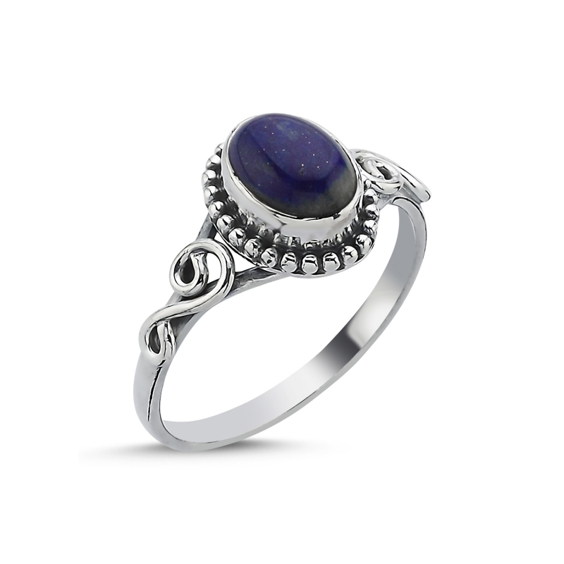 Silverlina%20Gümüş%20Lapis%20Lazuli%20Oval%20&%20Etnik%20Detaylı%20Oksitli%20Yüzük