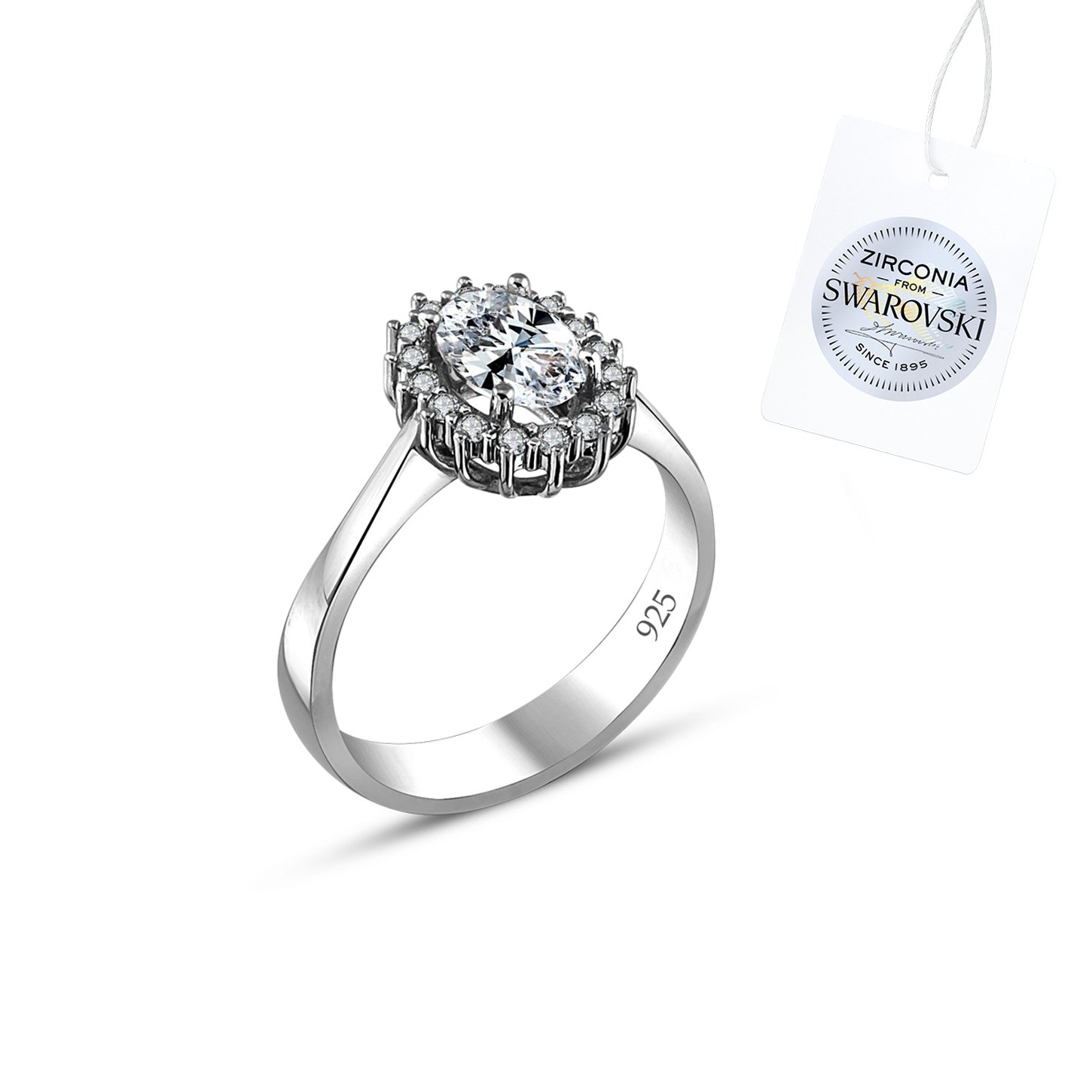 Silverlina%20Gümüş%20Swarovski%20Zirconia%20Taşlı%20Oval%20Halo%20Tektaş%20Yüzük