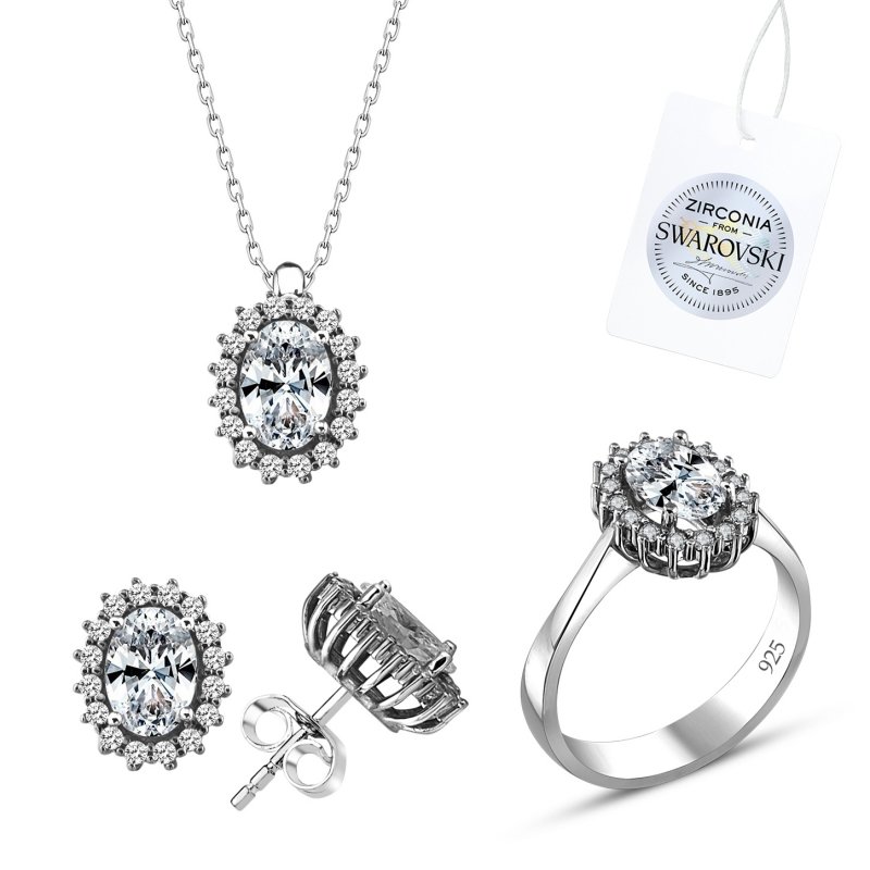 Silverlina%20Gümüş%20Swarovski%20Zirconia%20Taşlı%20Oval%20Halo%20Tektaş%20Set