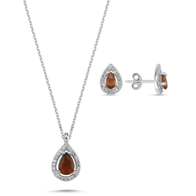 Silverlina%20Gümüş%20Damla%20Garnet%20Zirkon%20Taşlı%20Halo%20Tektaş%20Set