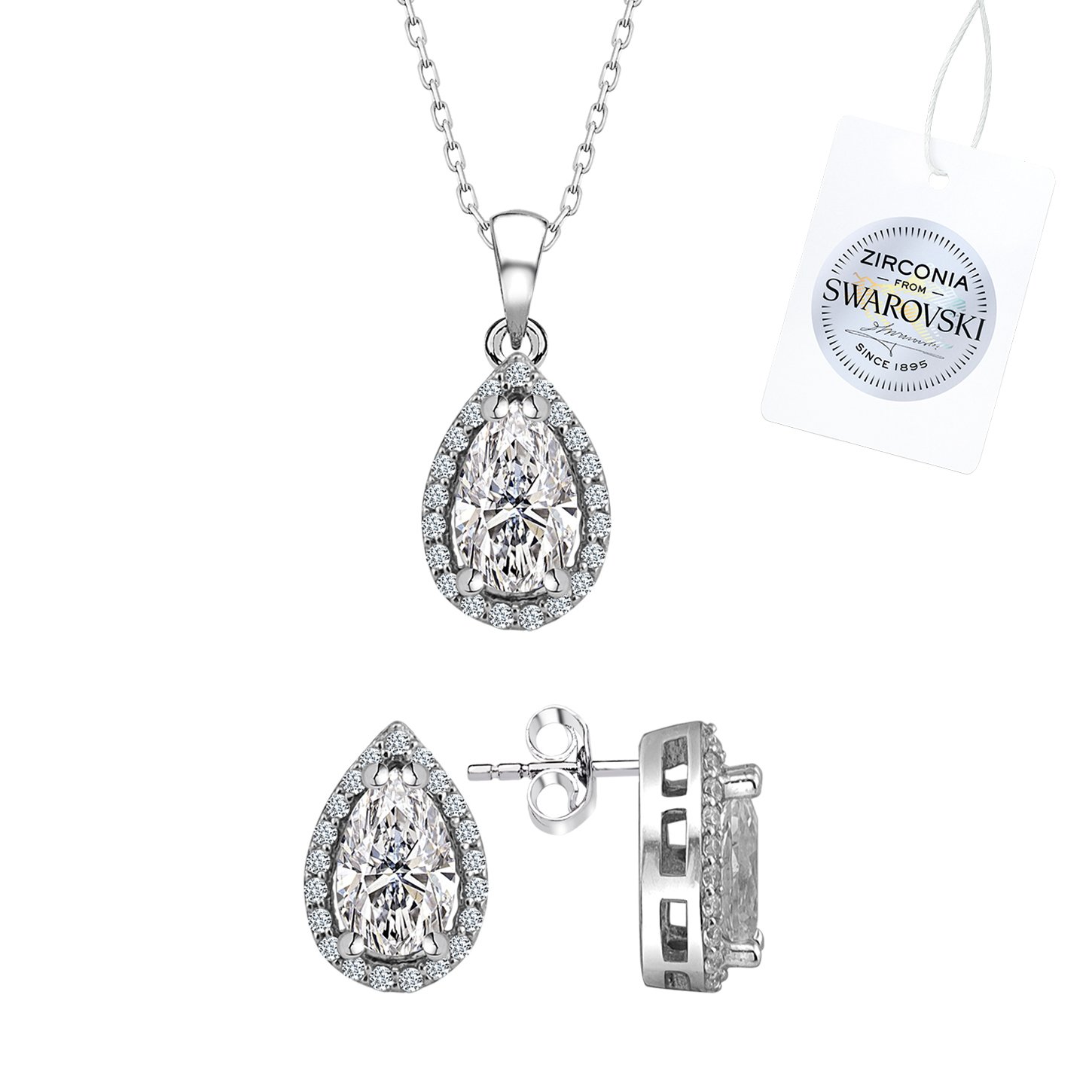 Silverlina%20Gümüş%20Swarovski%20Zirconia%20Damla%20Taşlı%20Tektaş%20Set