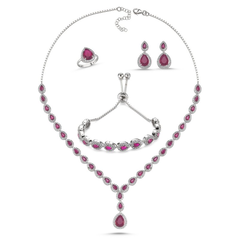 Silverlina%20Gümüş%20Zirkon%20Taşlı%20Damla%20Suyolu%20Set-Yakut%20zirkon%20(pembe)