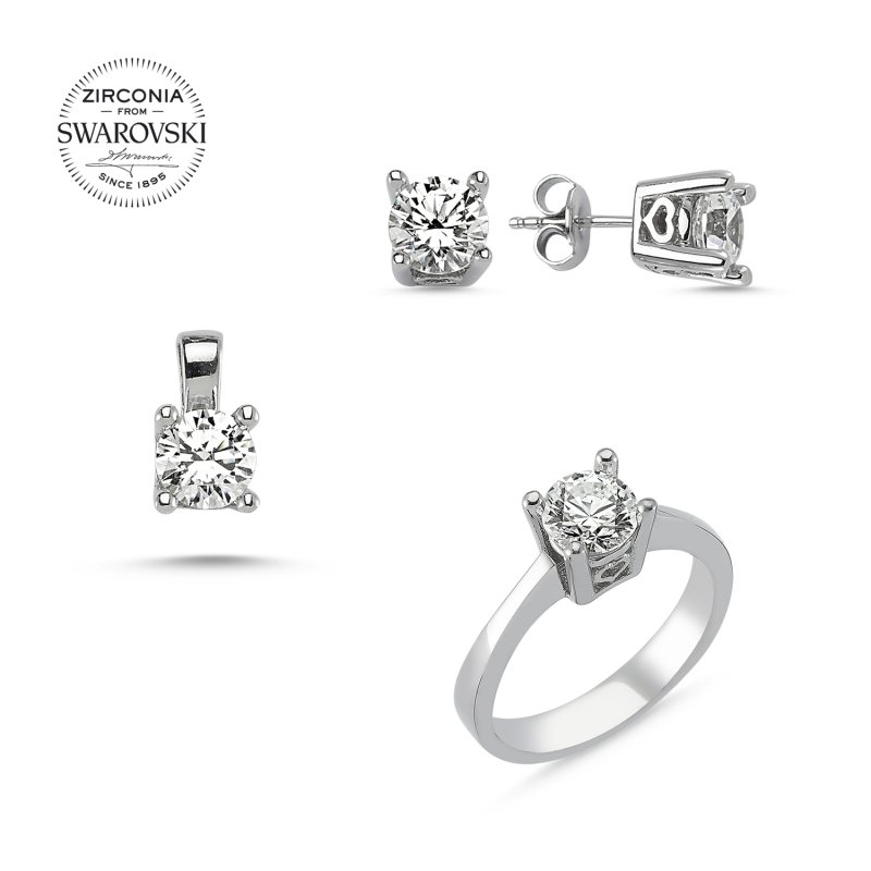 Silverlina%20Gümüş%20Swarovski%20Zirconia%20Taşlı%20Tektaş%20Set