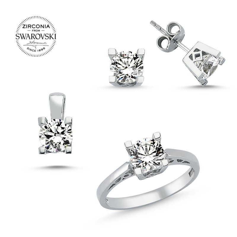 Silverlina%20Gümüş%20Swarovski%20Zirconia%20Taşlı%20Tektaş%20Set