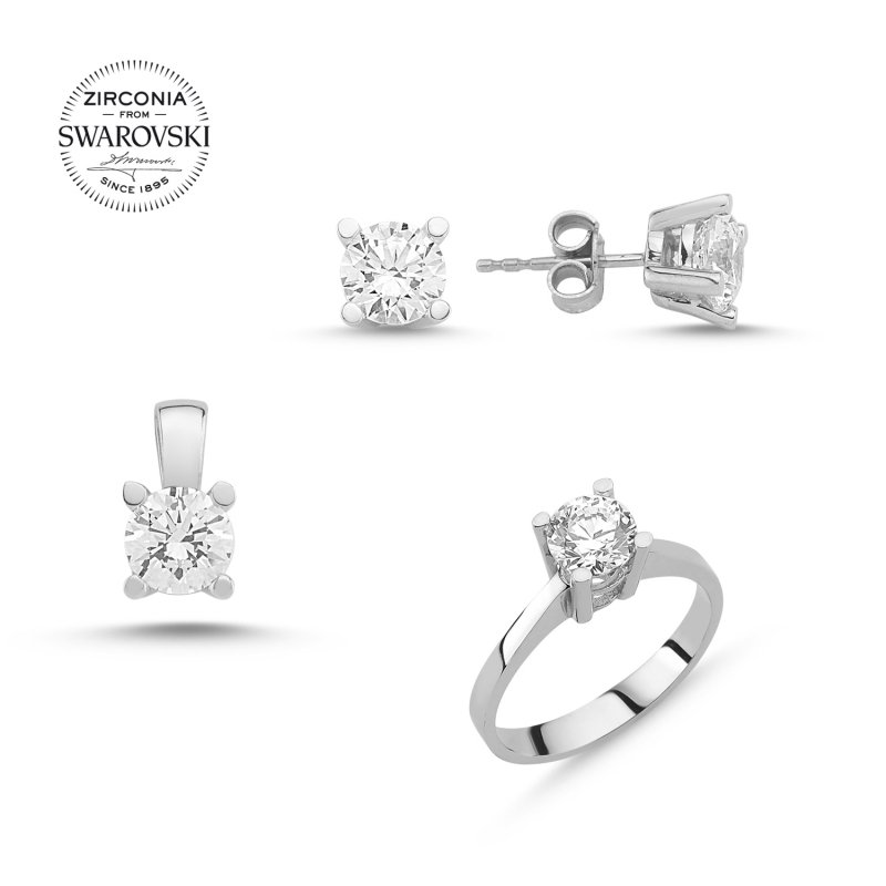 Silverlina%20Gümüş%20Swarovski%20Zirconia%20Taşlı%20Tektaş%20Set