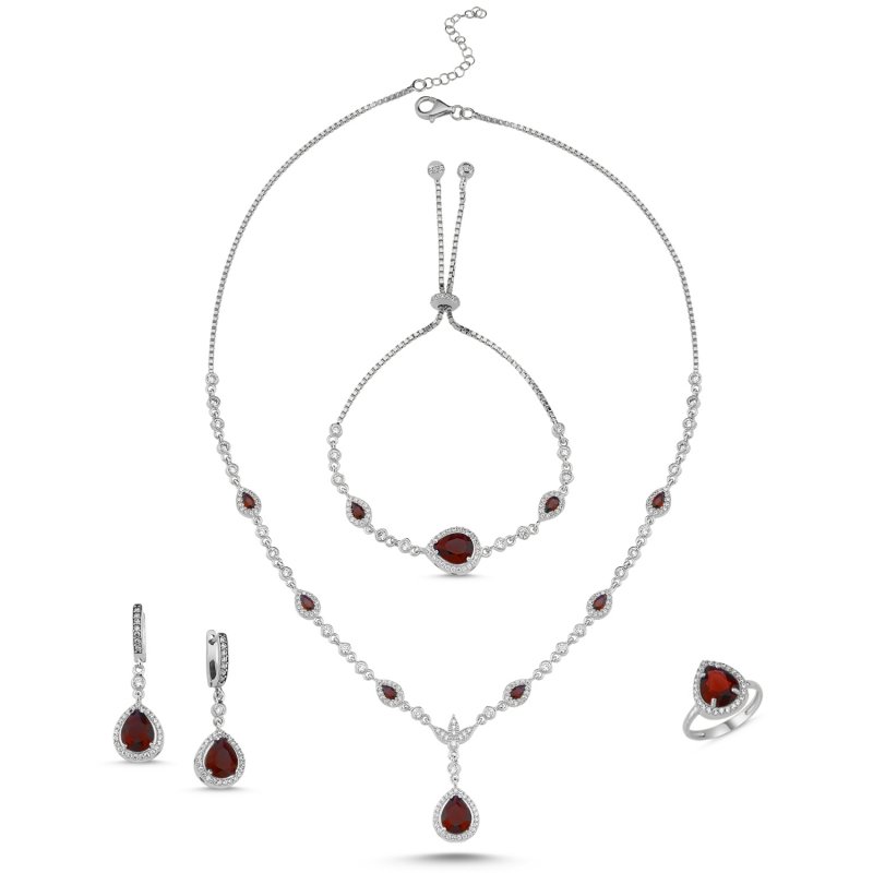 Silverlina%20Gümüş%20Damla%20Zirkon%20Taşlı%20Set-Garnet%20zirkon%20(kırmızı)