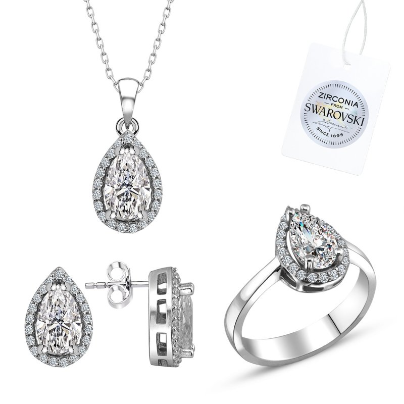 Silverlina%20Gümüş%20Swarovski%20Zirconia%20Damla%20Taşlı%20Tektaş%20Set