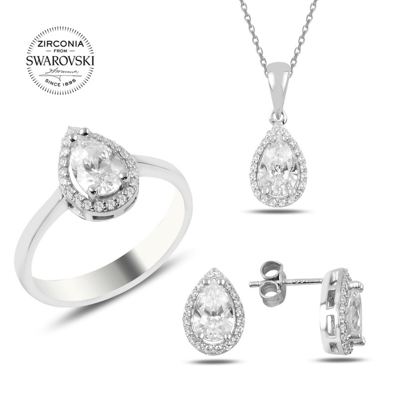 Silverlina%20Gümüş%20Swarovski%20Zirconia%20Damla%20Taşlı%20Tektaş%20Set