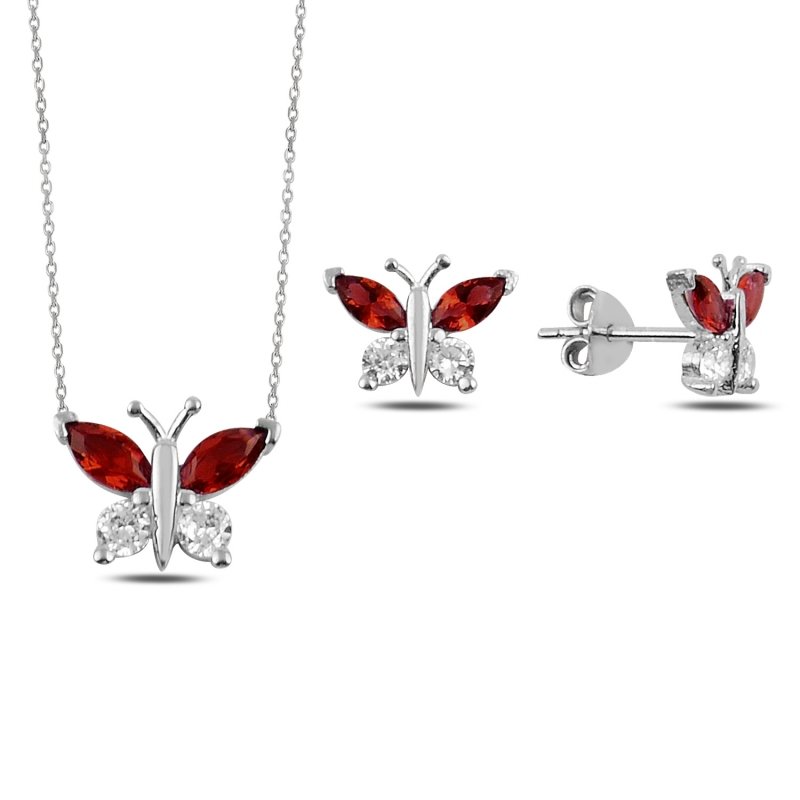 Gümüş%20Renkli%20Zirkon%20Taşlı%20Kelebek%20Set-Garnet%20zirkon%20(kırmızı)