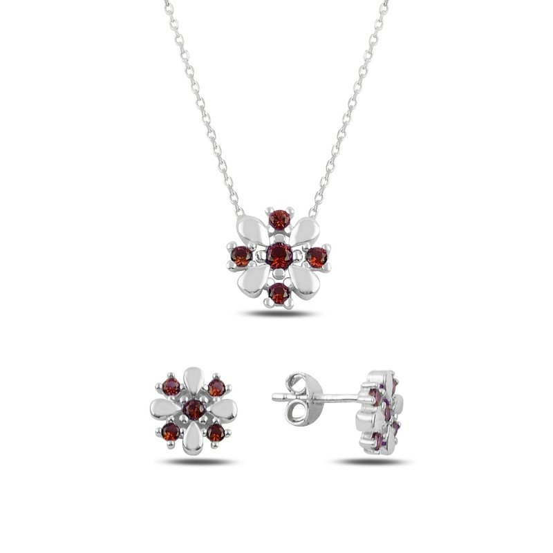 Gümüş%20Renkli%20Zirkon%20Taşlı%20Çiçek%20Set-Garnet%20zirkon%20(kırmızı)