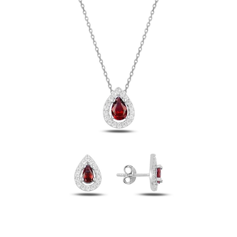 Gümüş%20Damla%20Renkli%20Zirkon%20Halo%20Tektaş%20Set-Garnet%20zirkon%20(kırmızı)