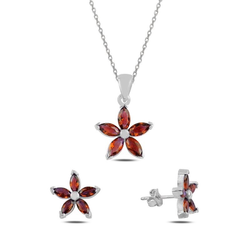 Gümüş%20Çiçek%20Mekik%20Zirkon%20Taşlı%20Set-Garnet%20zirkon%20(kırmızı)