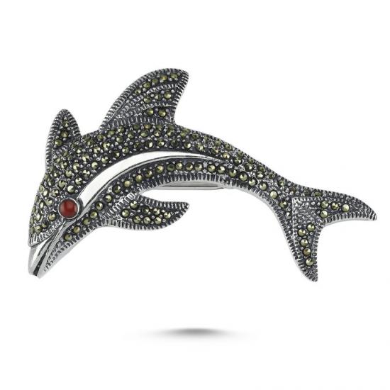 Silverlina Gümüş Yunus Balığı Markazit & Kırmızı Akik Taşlı Broş