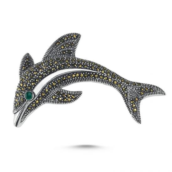 Silverlina Gümüş Yunus Balığı Markazit & Yeşil Akik Taşlı Broş