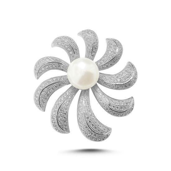 Silverlina Gümüş Hakiki İnci & Zirkon Taşlı Çiçek Tasarımlı Broş