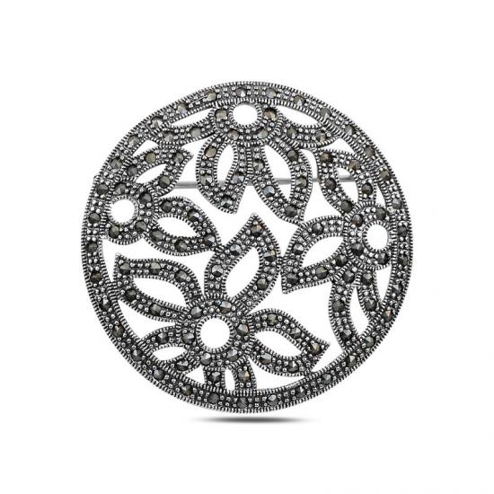 Silverlina Gümüş Çiçek Desenli Markazit Taşlı Broş