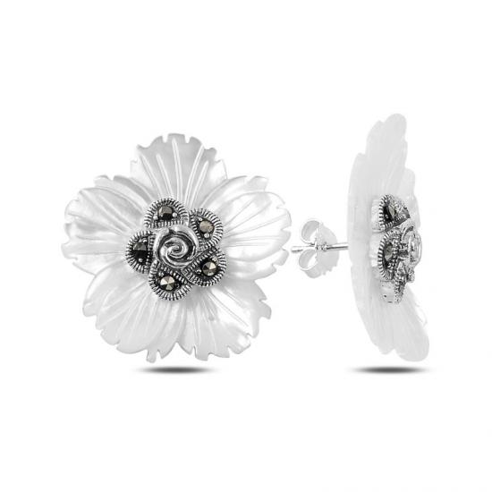 Silverlina Gümüş Sedef & Markazit Taşlı Çiçek Küpe