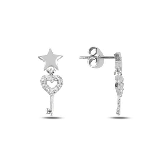 Silverlina Gümüş Anahtar & Kalp Zirkon Taşlı Sallantılı Küpe