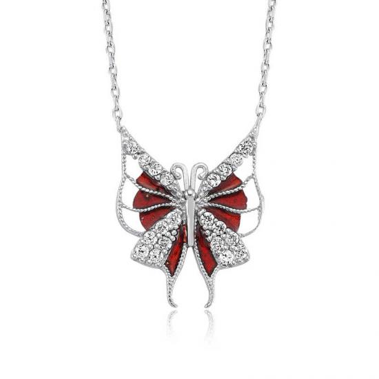 Silverlina Gümüş Kırmızı Kelebek Bayan Kolye