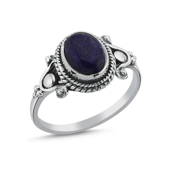 Silverlina Gümüş Lapis Lazuli Oval Kesim & Etnik Detaylı Oksitli Yüzük