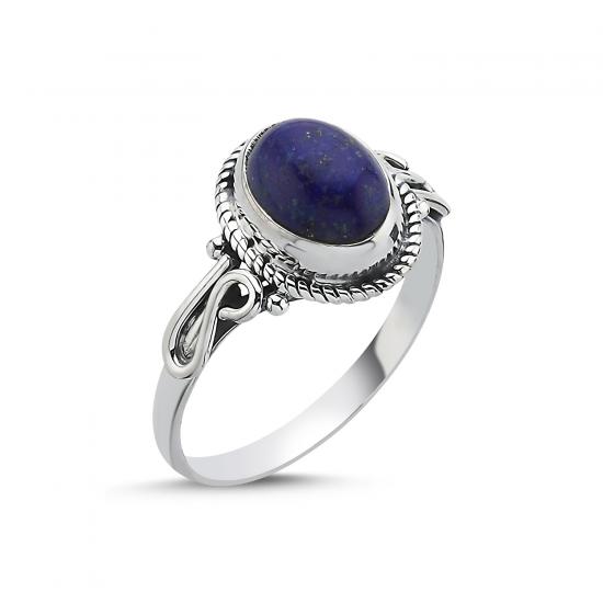 Silverlina Gümüş Lapis Lazuli Oval Kesim & Etnik Detaylı Oksitli Yüzük