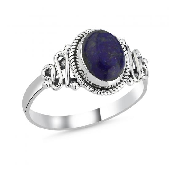 Silverlina Gümüş Lapis Lazuli Oval Kesim & Etnik Detaylı Oksitli Yüzük