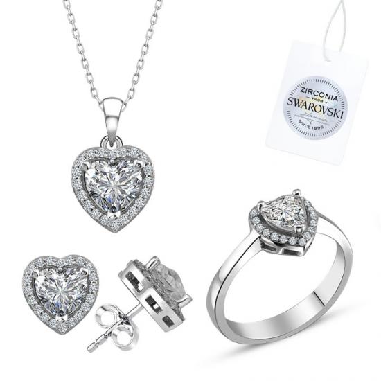 Silverlina Gümüş Swarovski Zirconia Taşlı Kalp Halo Tektaş Set