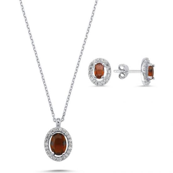 Silverlina Gümüş Oval Garnet Zirkon Taşlı Halo Tektaş Set