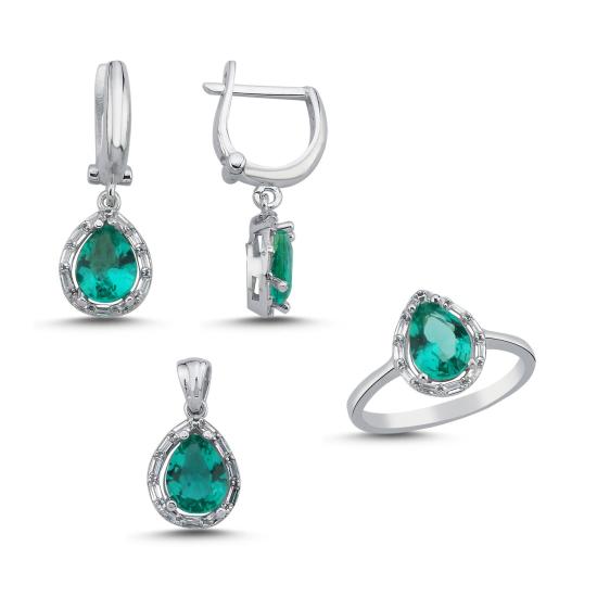 Silverlina Gümüş Damla Paraiba & Halo Baget Zirkon Taşlı Set