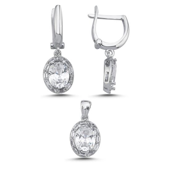 Silverlina Gümüş Oval Kesim & Halo Baget Zirkon Taşlı Set