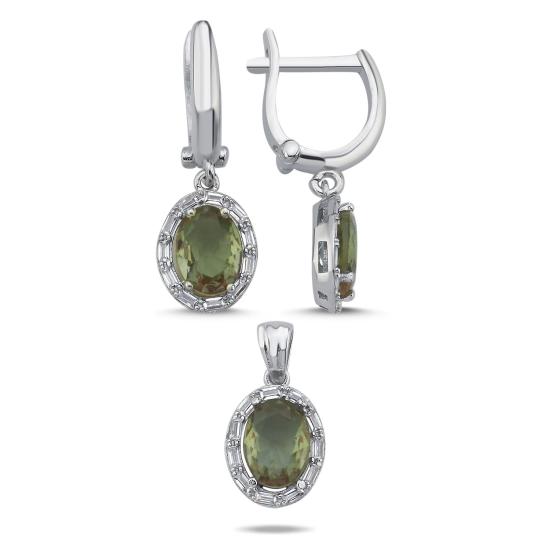 Silverlina Gümüş Sultanit Oval Kesim & Halo Baget Zirkon Taşlı Set