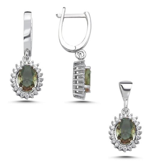 Silverlina Gümüş Sultanit Zirkon Taşlı Oval Kesim Halo Set