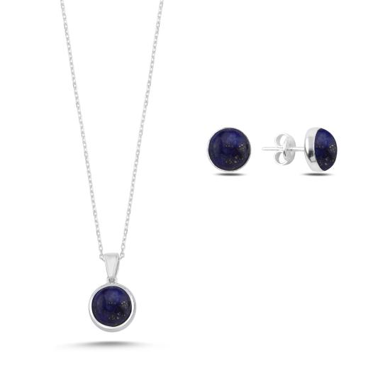 Silverlina Gümüş Yuvarlak Lapis Lazuli Taşlı Tektaş Set