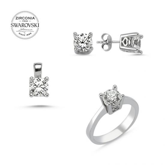 Silverlina Gümüş Swarovski Zirconia Taşlı Tektaş Set